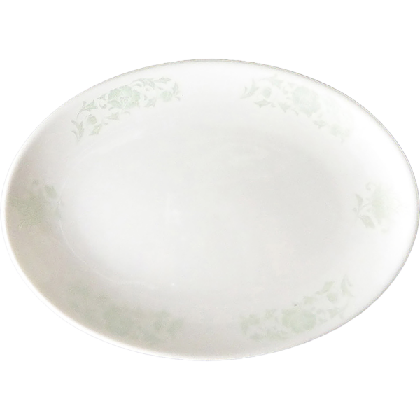 00300086 メタリックグリーン唐草 2 9吋メタプラター  23.3×16.8×2.5㎝ P.131 ￥2750（税抜）