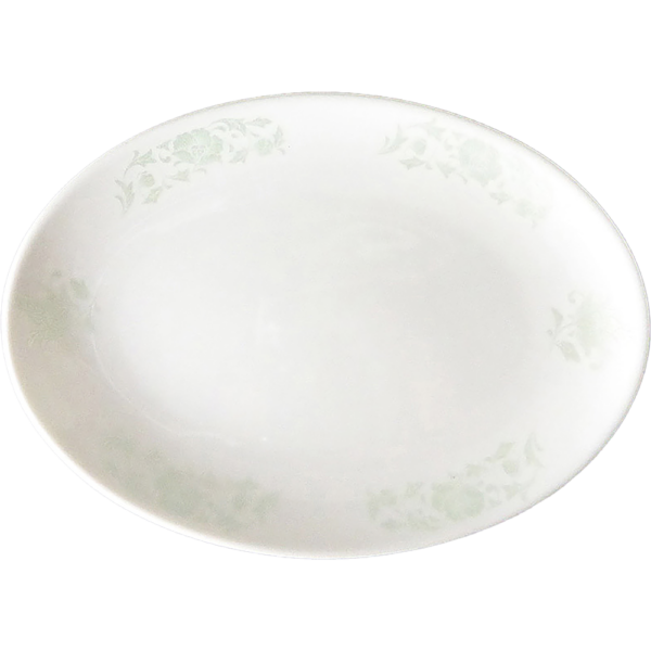 00300087 メタリックグリーン唐草 2 10吋メタプラター  26.5×19×2.8㎝ P.131 ￥3400（税抜）