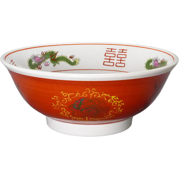 01080059 特選麺の器 23 赤巻三ツ竜唐草牡丹 丸反7寸丼 20.8×8.3㎝ P.176 ￥2400（税抜）