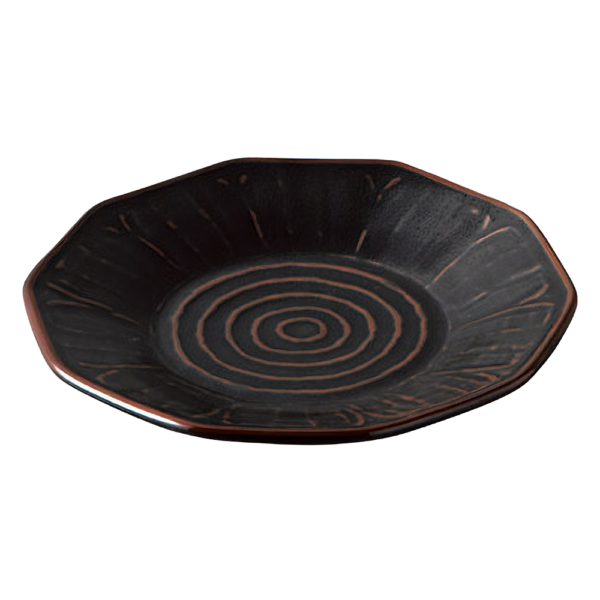 01581303 めん皿・めん鉢 1 柚子黒天目 十角7.5皿 23×3㎝ P.34 ￥1600（税抜）