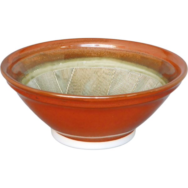 02000521 特選麺の器 22 赤（中織部） 7寸スリ鉢 22×9㎝ P.175 ￥2500（税抜）