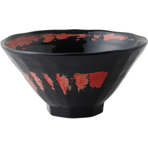03420451 特選麺の器 16 黒釉赤渦 八角7寸丼 22×11.4㎝ 1700㏄ P.169 ￥3000（税抜）