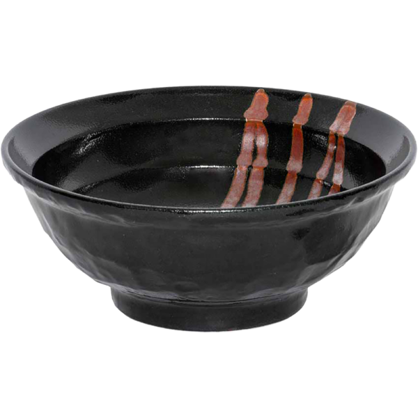 04560973 特選麺の器 30 鉄赤流し（砂目黒） 6.8ラーメン 21.5×9㎝ 1500㏄ P.183 ￥1700（税抜）